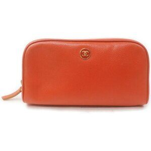 Chanel Orange Leather Cosmetic Pouch Make Up Bag